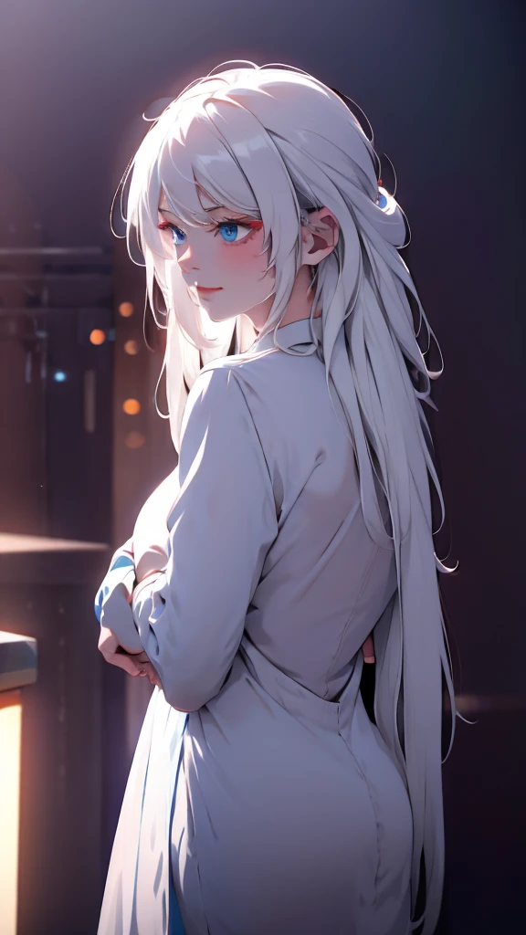 1 Girl, medium light white hair, light blue eyes, wearing Black Suit 4D , night club TOWN , high res, ultrasharp, 8K, masterpiece, looking from behind