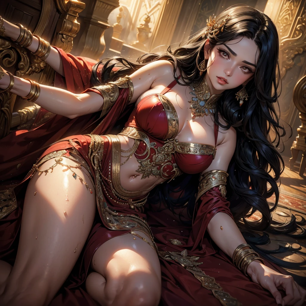 Single beautiful persian princess, wearing a fitted wet red sharara, long wavy black hair, visible extremely sweat dripping from armpits, fully body covered in extremely glistening and shining sweat, big breasts, white skin, backside visible with detailed facial features, beautiful detailed eyes, beautiful detailed lips, extremely detailed face, long eyelashes, portrait, (best quality,4k,8k,highres,masterpiece:1.2),ultra-detailed,(realistic,photorealistic,photo-realistic:1.37),dramatic lighting, warm color tones, vibrant colors