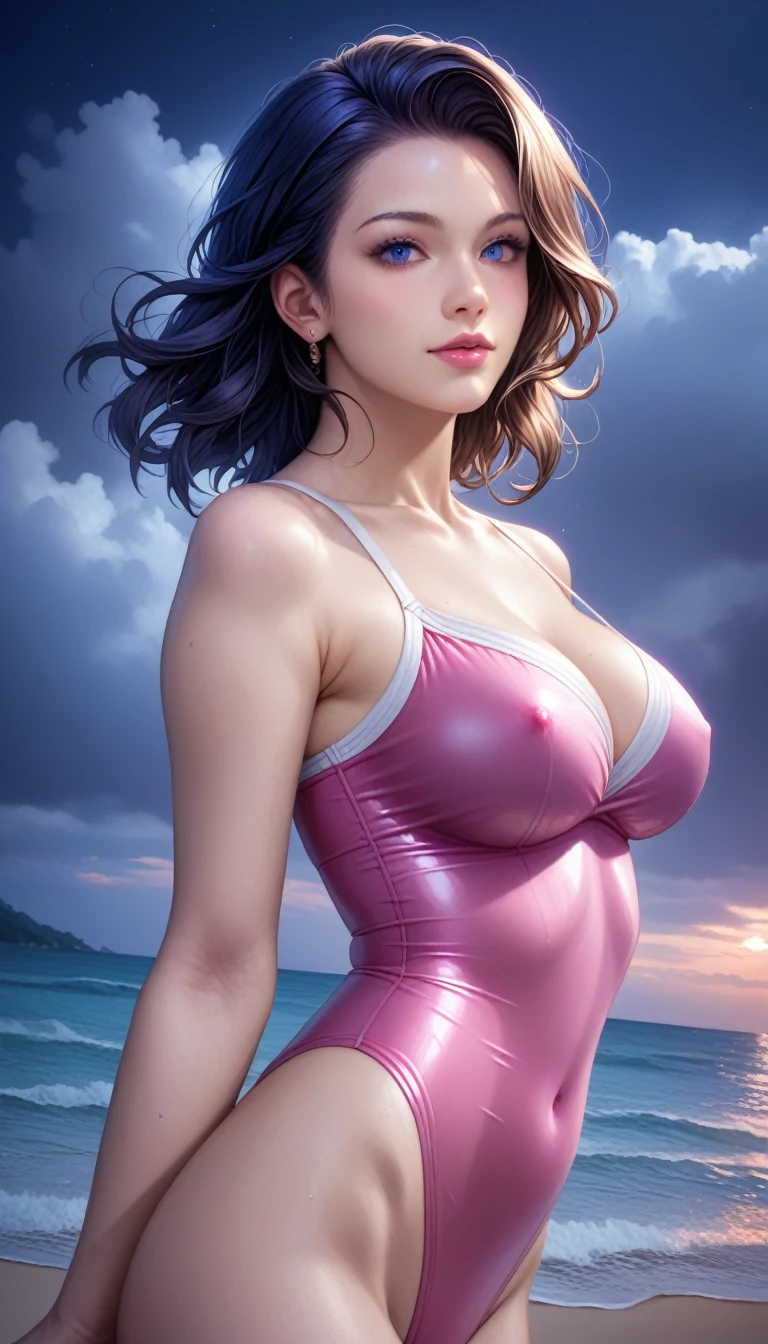 score_9, score_8_superior, score_7_superior, High resolution 3D anime style,A masterpiece in 32K resolution,Highest quality,it is really amazing,Very detailed,Ultra-high resolution,Ultra-realistic,Realistic,Increased depth of field,Cinematic lighting,
Elegant mature Japanese woman,
black straight medium hair,Ultra-detailed and beautiful face,Calm and gentle look,Translucent white skin,Realistic skin texture,Great proportions,
High leg swimsuit,
Summery design,Chic color scheme,Beautiful and delicate decoration,Detailed fabric texture,
Overcast night sky,Dark Clouds,Thundercloud,Coastline at night,Stormy seas,delay々A desolate sandy beach that continues,
Cinematic Angle,