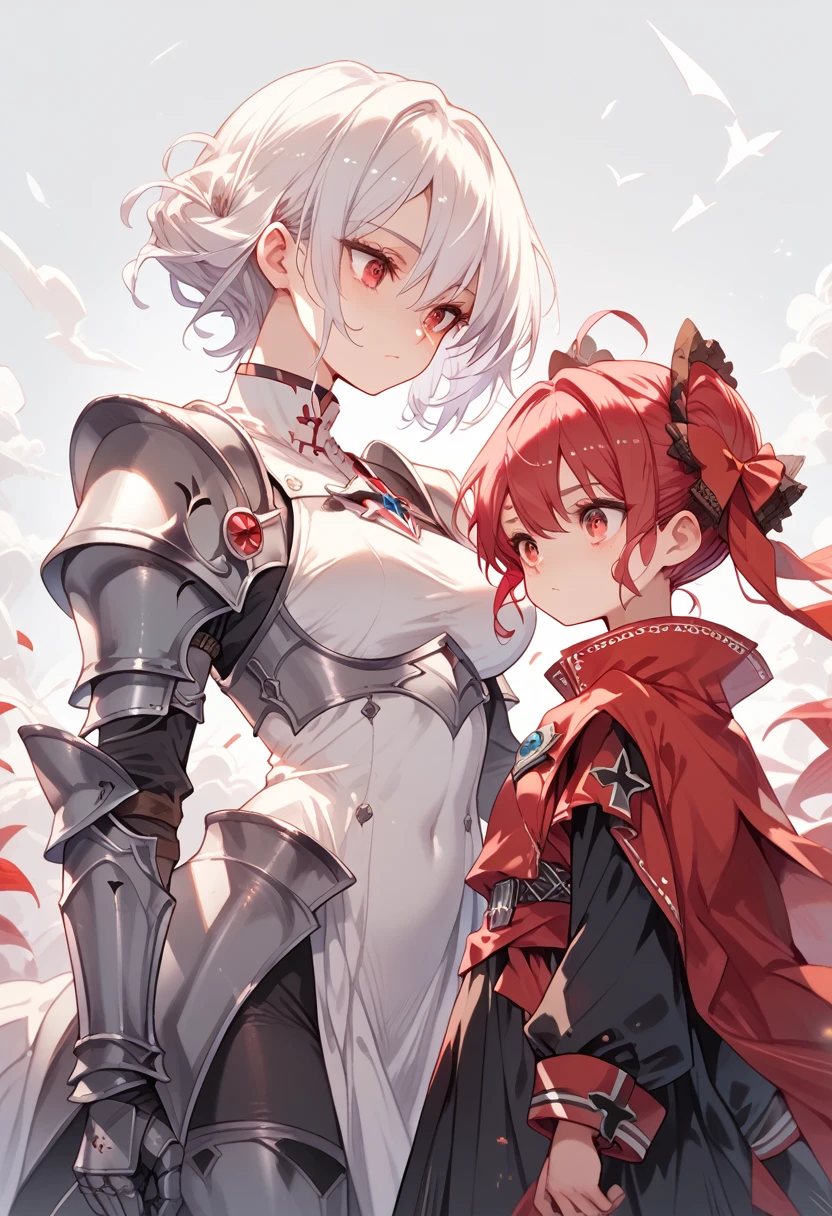 two beautiful knight anime sisters, one white haired and one with short black hair, standing side by side, sexy knight armor, crimson eyes, hd, 4k, sultry gazes, tight black clothing, white hair sister is taller