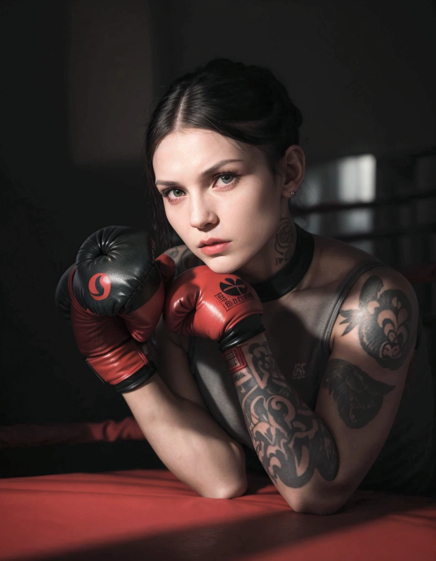 A closeup of a woman with tattoos on her arms and arms, high-quality portrait, boxing gloves, Aleksandra Waliszewska, red gloves, alina ivanchenko, in a fighting pose, photographic portrait, Portrait photo, olga buzova, by Emma Andijewska, fighter pose, por Romain Brook, aggressive look, Anna Nikonova aka Newmilky