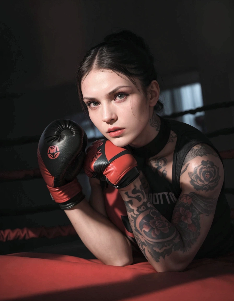 A closeup of a woman with tattoos on her arms and arms, high-quality portrait, boxing gloves, Aleksandra Waliszewska, red gloves, alina ivanchenko, in a fighting pose, photographic portrait, Portrait photo, olga buzova, by Emma Andijewska, fighter pose, por Romain Brook, aggressive look, Anna Nikonova aka Newmilky