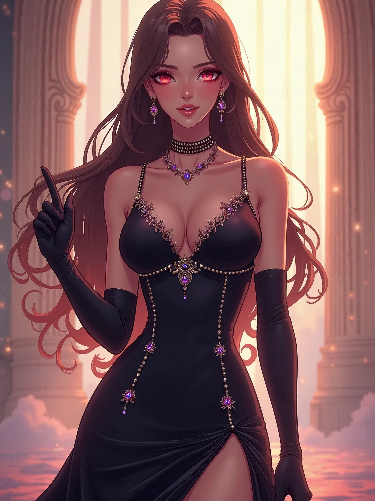 a beautiful young lady, wearing a long evening tight gown, long hand glove, beautiful hair, front pictures, 8k, highest quality, long hair, anime vision, fantasy, curve body, sparkling jewelry,