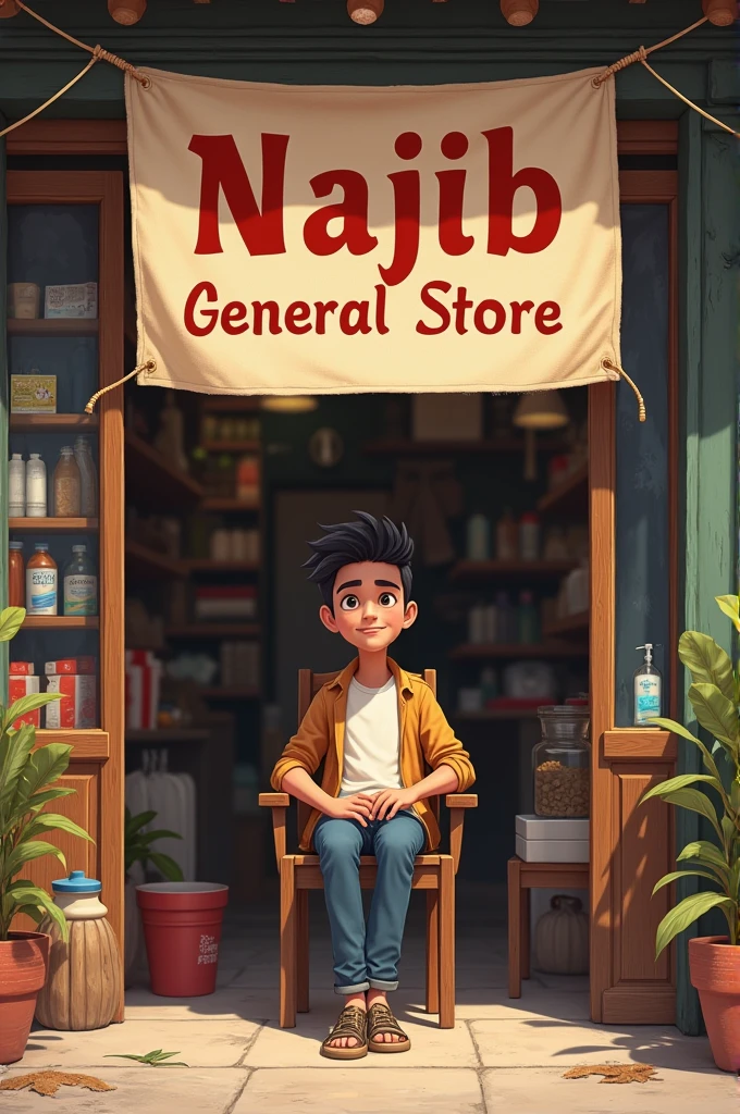 A boy age 18 year old sitting on his shop on the chair name of the show on front banner Najib general store