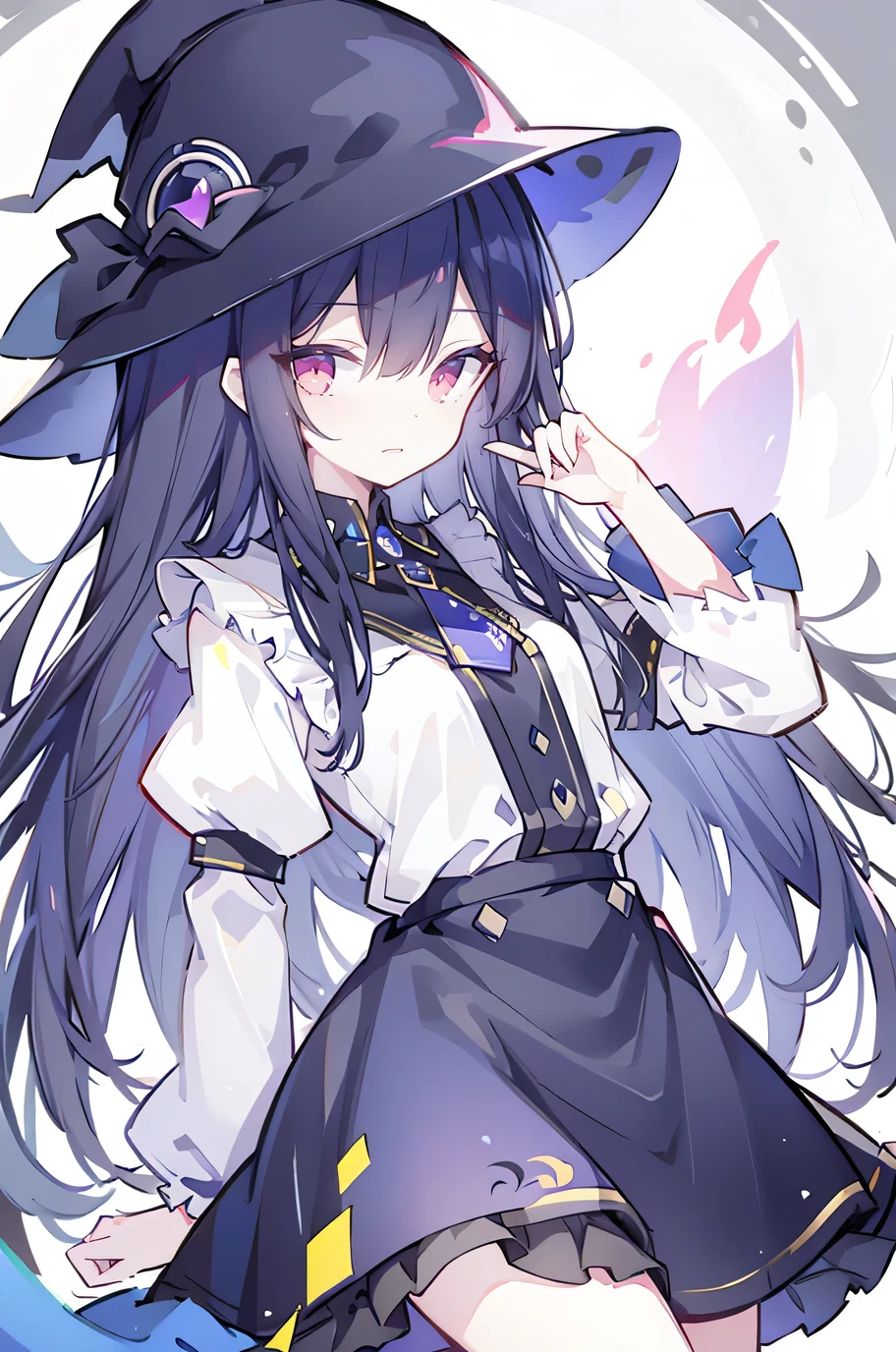 oung Girls,Humanity,A magician always smiles,big witch hat,cute,dark blue long hair,The eyes are dull,The bangs are heavy,Thin eyebrows,fantasy,intake,Double teeth,Star Theme,Constellation pattern,Solid color clothetal decoration,cloak,A bit of a dark atmosphere,A little crazy smile,When the big moon shines outside at night,blood,Hair black star embellishment,Short tie,No nails,High waist skirt,Bell sleeves,Long-sleeved shirt,Black tie,low risk,gentlemen。Mist、Yellow and white effect,Shocking pink as an accent color