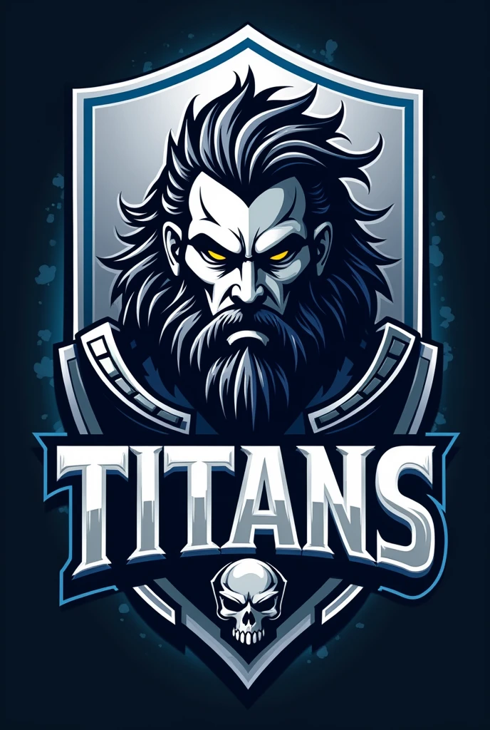 A logo for an ultimate frisbee team that contains the word "titans" in Spanish, where silver colors predominate, blue and white and the face of a warrior God appears.