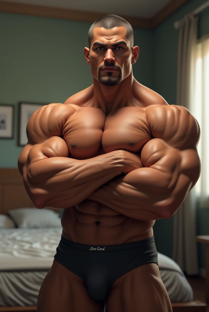 (((black man))), muscle, Latino 30yo man, big pecs, big biceps, Whole body, buzz cut, bedroom, Crossed arms, shirtless, big lump, swimsuit, Very wide shoulders