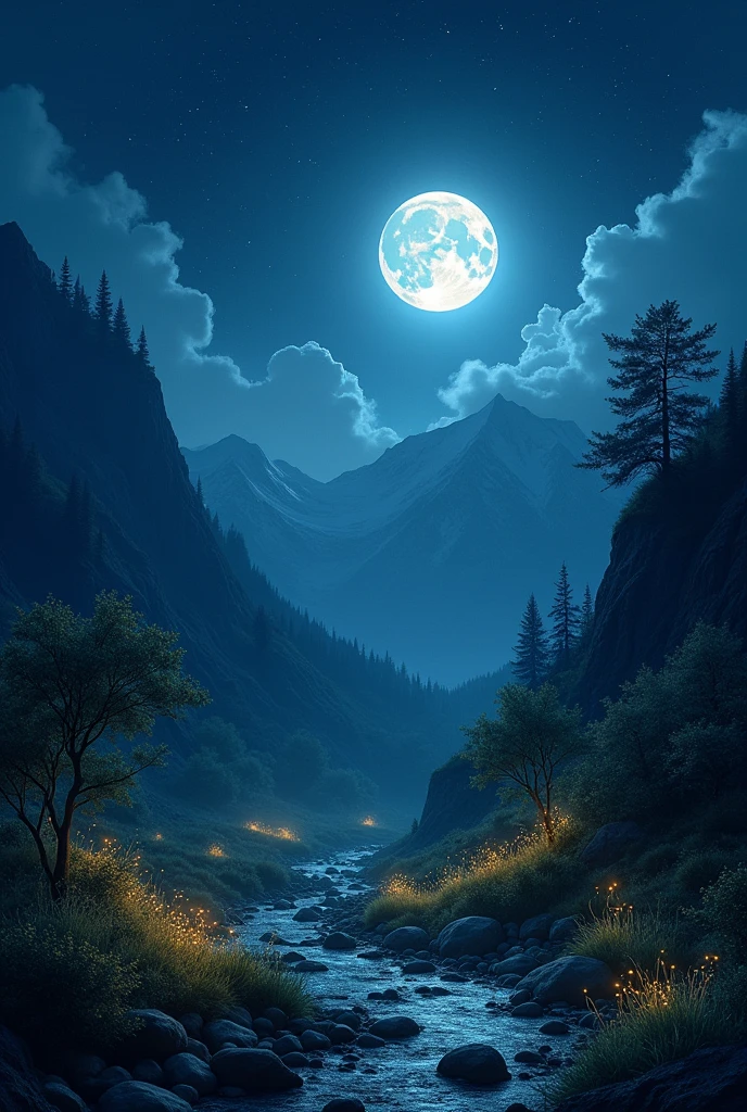 A starry night in the mountains and a full moon and fireflies 

