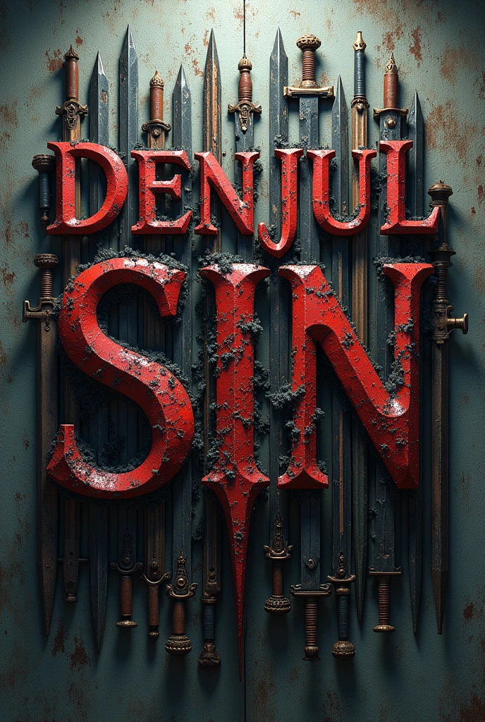 There is a white fantasy title "Denjul Sin" written on the wall that is made of weapons, swords, bombs, and guns. The wall is like fighting game. A realistic, 3D, aesthetic, and fantasy poster.