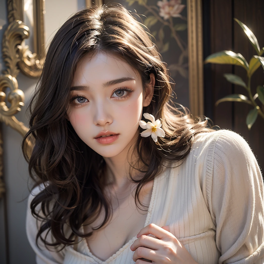 Olive beige hair, Ice Grey Eyes, English Garden、Fantastic Background、Vibrant colors, dress、Paint Splash, Luxury Background、Ray Tracing, Curly Hair, One person, Long Hair,