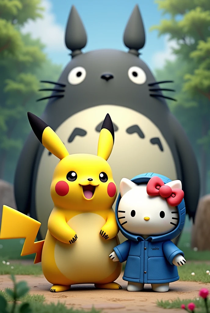 Fat Pikachu and tall hello kitty dress blue rain suit and large totoro