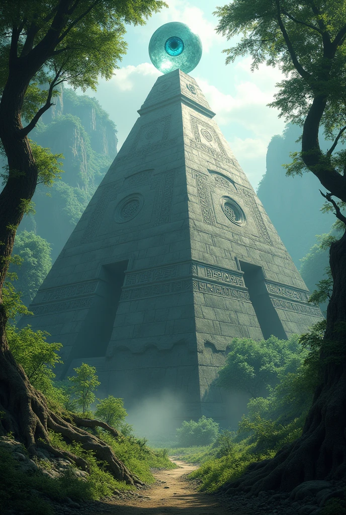 A hidden island in the forest that features a huge pyramid with a floating glass eye at the top