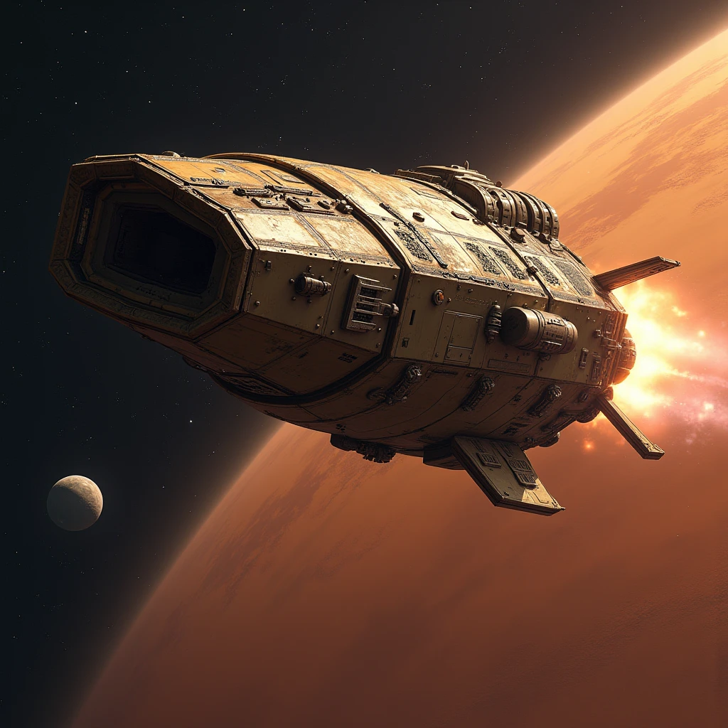 Supply carrier, shuttle ship, science fiction, low technology, Mars, satellite orbit, realistic, precision, masterpiece
