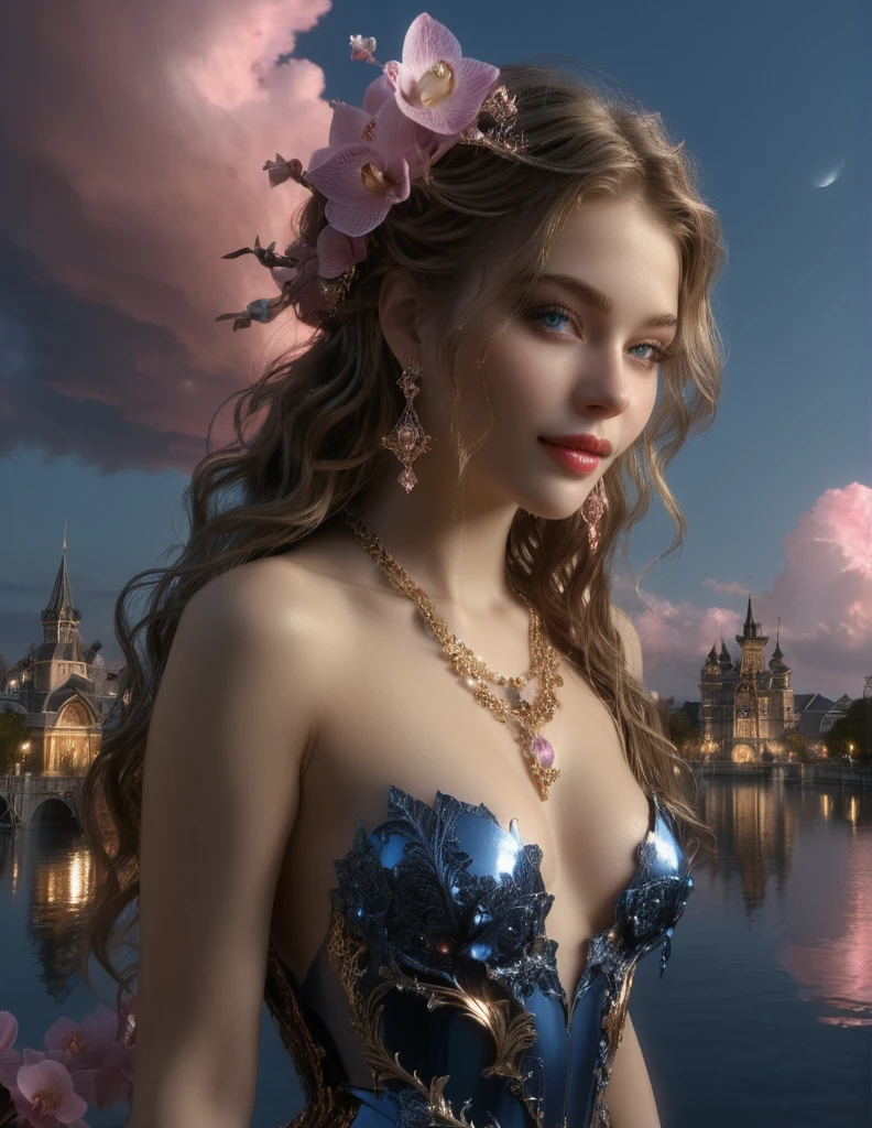 (8k, highest quality, masterpiece, final fantasy style: 1.2), (unRealistic, photoRealistic: 1.37), Dreamy landscape, Fantasy, Unsurreal landscapes, Super detailed, Flying Castle, Floating Island in the Sky, Seven-colored swirl of light, Intense lightning, milky way, Complex Light, Colored light, Large Lake, Starry sky reflected on the lake surface, Countless shining stars, Meteors, Reflections , (A pillar of light emanated from the ground:1,2), roses and orchids gardens , sunset, pink clouds, waterfall in the sky, realistic style, Hyperrealism drawing, a flying pirate spaceship floating at the clouds level, burning skyscrapers, cyborgs, timeless realms, (((stunning princess and her 2 beautiful servants))) , floating hair, pink lipstick, cute, naked shoulders , circlet, sideless, backless, alluring full body shot stylized by Jeremy Mann, Rule of Thirds,(((( shots from different angles of beautiful 20 years old 2 Female fairies)))), stunningly beautiful and cute,, Wide view, Fearful, natural Colors, hot but scary, womanly, beautiful mesmerizing face and nose, pink lipstick, blue eyes, Gothic style red transparent short gown, expensive accessories, beautiful legs, naughty unique poses, masterpiece, beautiful mesmerizing symmetrical blue eyes, naughty cute smile, fit body,, realistic, hyperrealism, lifelike photography, long brunette hair, smiling,bright light on face ,frontlighting, gown,golden necklaces,golden brochures, beautiful dark blue eyes ,professional makeup, pink lipstick,, realistic, , beautiful mesmerizing faces reflecting from the dark horizon, nebulas and stars at the horizon, dark blue beautiful symmetric eyes ,perfect eyes,extremely detailed face, lifelike photography, ultra high detailed,naughty smile ,high quality ,alluring beauty full body shot, gorgeous Russian girl, awesome action photos, realistic, hyperrealism, fantasy , beautiful fit body, beautiful legs, golden ratio, fairy & robot ,