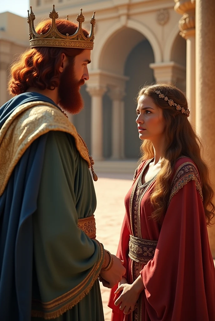 (best quality: 1.4), (Ultra Highres: 1.2), (photorealistic: 1.4), (8k, RAW photo: 1.2). The description of King David's physical appearance is not detailed in the biblical narrative, but her origin suggests that she probably had similar characteristics to other people in the region. He has good-looking red hair and a beard. Without historical-cultural context, the story of man with the appearance of a King, he wears a crown and king's clothes, he is talking to a Samaritan woman, they are worried, they are shown in the image in front of the King's palace