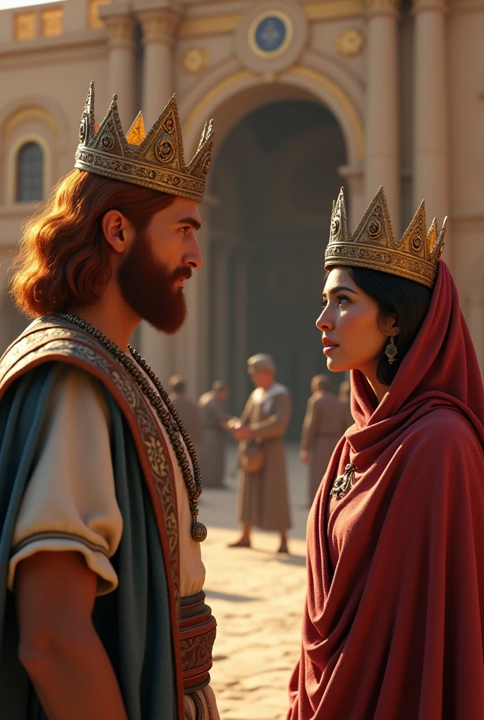 (best quality: 1.4), (Ultra Highres: 1.2), (photorealistic: 1.4), (8k, RAW photo: 1.2). The description of King David's physical appearance is not detailed in the biblical narrative, but her origin suggests that she probably had similar characteristics to other people in the region. He has good-looking red hair and a beard. Without historical-cultural context, the story of man with the appearance of a King, he wears a crown and king's clothes, he is talking to a Samaritan woman, they are worried, they are shown in the image in front of the King's palace