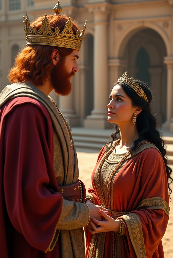 (best quality: 1.4), (Ultra Highres: 1.2), (photorealistic: 1.4), (8k, RAW photo: 1.2). The description of King David's physical appearance is not detailed in the biblical narrative, but her origin suggests that she probably had similar characteristics to other people in the region. He has good-looking red hair and a beard. Without historical-cultural context, the story of man with the appearance of a King, he wears a crown and king's clothes, he is talking to a Samaritan woman, they are worried, they are shown in the image in front of the King's palace
