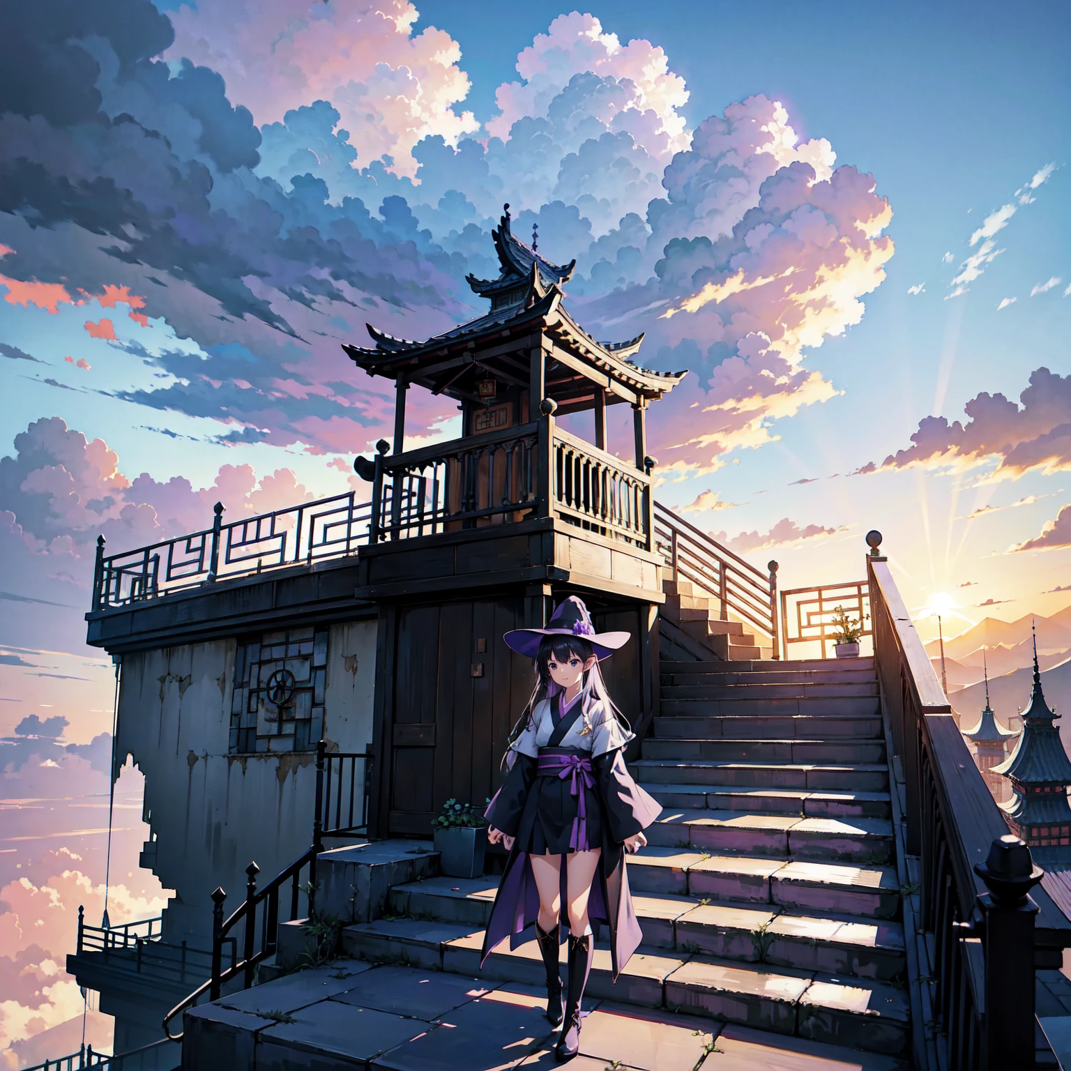 A girl with long purplish hair. A kind, full smile. Pointy elf ears. Her clothes are simple: a black robe with wide sleeves and a black miniskirt. Her knees are showing. There is a V-shaped white insert in the front, like a kimono. A witch's hat with purple ribbons on each side. Black boots. Background, bright painting, Makoto Shinkai, only endless stairs, long floating stairs, floating stairs in the air, stairs above clouds, illustration, nostalgic, vivid, above clouds, bright, fresh, sunset. A maze of connected stairs. Staircase labyrinth. Not touching land. A simple iron staircase. An old, decaying staircase.