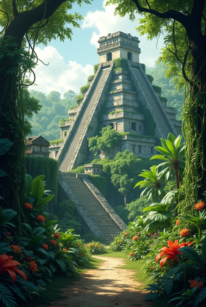Mayan jungle with ruins in the background
