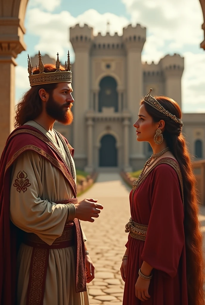 (best quality: 1.4), (Ultra Highres: 1.2), (photorealistic: 1.4), (8k, RAW photo: 1.2). The description of King David's physical appearance is not detailed in the biblical narrative, but her origin suggests that she probably had similar characteristics to other people in the region. He has good-looking red hair and a beard. Without historical-cultural context, the story of man with the appearance of a King, he wears a crown and king's clothes, he is talking to a Samaritan woman, they are worried, they are shown in the image in front of the King's palace