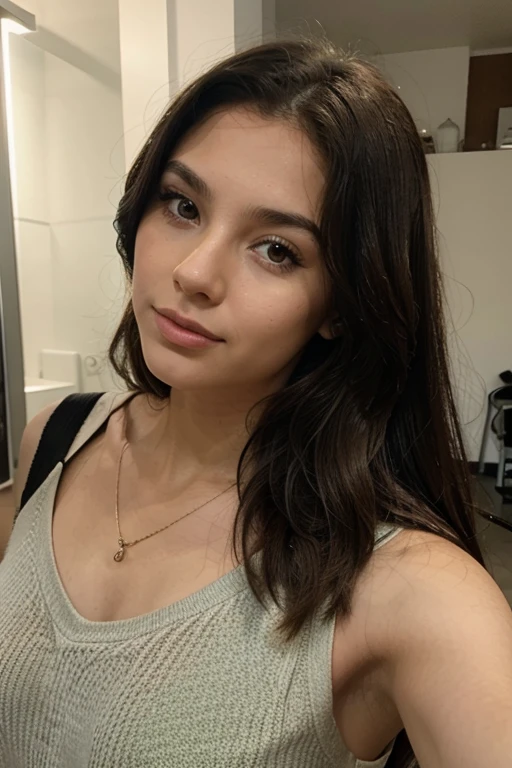 21 year old brunette girl of Latina type, slightly slanted green eyes, small nose and full lips