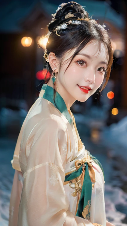 (1 girl, youthful gorgeous Lady, brown_eyes, brown_hair, cross_earrings, earrings, jewellery, Ancient China, Traditional Hanfu, Silk Hanfu, Hanfu, natural pose in a snowy night,
Detailed Beautiful face, Detailed Facial Features, beautiful eyes, dimples, snaggle-tooth, Kind smile, Red lips, short hair, bob hair, cute ponytail, extremely detailed eyes, extremely detailed face, beautiful detailed lips, long eyelashes, arms close together, ears out, golden ratio face, golden ratio body, perfect body anatomy, huge breasts, big breasts,
(SNOW:1.3),
Night outdoors, snow flakes, snow, winter,
(best quality, 4K, 8k, highres, masterpiece:1.2), ultra-detailed, (realistic, photorealistic, photo-realistic:1.37), HDR, UHD, sun light, ultra-fine painting, sharp focus, physically-based rendering, extreme detail description, professional, Vivid Colours, award-winning, Bokeh_Background, cowboy_shot, SFW, Safe for Work)