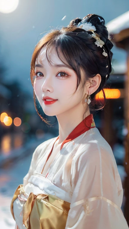 (1 girl, youthful gorgeous Lady,  brown_eyes, brown_hair, cross_earrings, earrings, jewellery, Ancient China, Traditional Hanfu, Silk Hanfu, Hanfu, natural pose in a snowy night,  

Detailed Beautiful face, Detailed Facial Features, beautiful eyes, dimples, snaggle-tooth, Kind smile, Red lips, short hair, bob hair, cute ponytail, extremely detailed eyes,  extremely detailed face, beautiful detailed lips, long eyelashes, arms close together, ears out, golden ratio face, golden ratio body, perfect body anatomy, huge breasts, big breasts, 

(SNOW:1.3),
Night outdoors,  snow flakes, snow, winter,
(best quality, 4K, 8k, highres, masterpiece:1.2), ultra-detailed, (realistic, photorealistic, photo-realistic:1.37), HDR, UHD, sun light, ultra-fine painting, sharp focus, physically-based rendering, extreme detail description,  professional, Vivid Colours, award-winning, Bokeh_Background, cowboy_shot, SFW, Safe for Work)