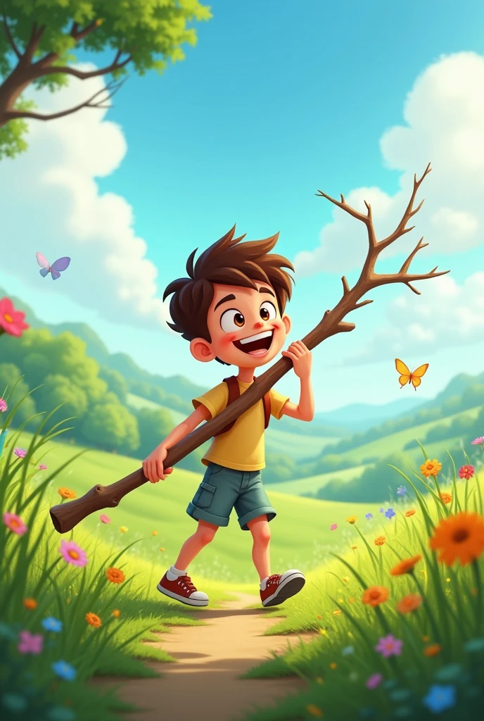 Cartoon image of a half-body image of a single boy, holding a branch, walking in the middle of a meadow.