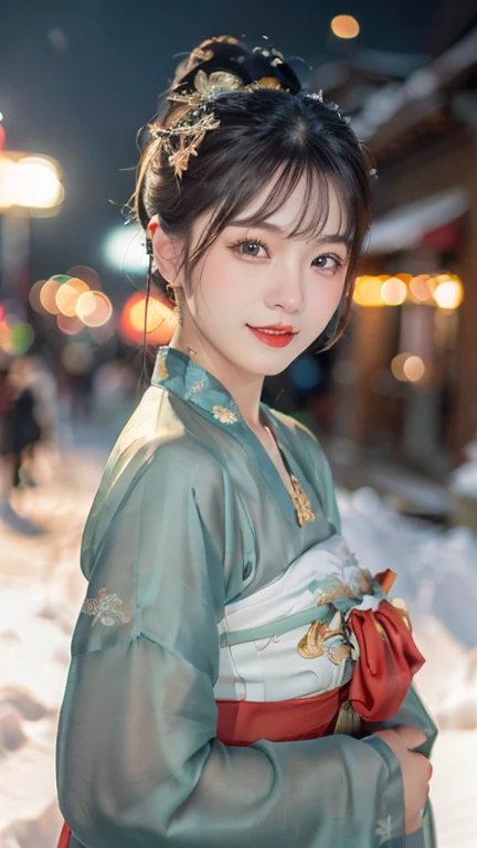 (1 girl, youthful gorgeous Lady,  brown_eyes, brown_hair, cross_earrings, earrings, jewellery, Ancient China, Traditional Hanfu, Silk Hanfu, Hanfu, natural pose in a snowy night,  

Detailed Beautiful face, Detailed Facial Features, beautiful eyes, dimples, snaggle-tooth, Kind smile, Red lips, short hair, bob hair, cute ponytail, extremely detailed eyes,  extremely detailed face, beautiful detailed lips, long eyelashes, arms close together, ears out, golden ratio face, golden ratio body, perfect body anatomy, huge breasts, big breasts, 

(SNOW:1.3),
Night outdoors,  snow flakes, snow, winter,
(best quality, 4K, 8k, highres, masterpiece:1.2), ultra-detailed, (realistic, photorealistic, photo-realistic:1.37), HDR, UHD, sun light, ultra-fine painting, sharp focus, physically-based rendering, extreme detail description,  professional, Vivid Colours, award-winning, Bokeh_Background, cowboy_shot, SFW, Safe for Work)