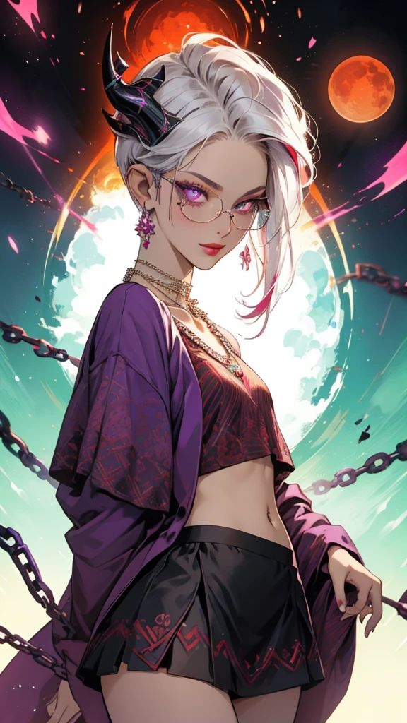 8k, masterpiece, best quality, highly detailed, 1 girl, tiefling, warlock, pixie cut, multicolored hair, very short straight hair red highlight hair on white hair, strippled hair, wearing glasses, round glasses, earrings, navel piercing, red eyeshadow, long eyelashes, blushed cheek, red lips, pearl necklace, rings, collarbone, mole on face, glamorous, teal and purple clothes, miniskirt, smirk, close up view, rings, looking at viewer, demon horns, solo, void, blood red moon, standing, chains on the background.