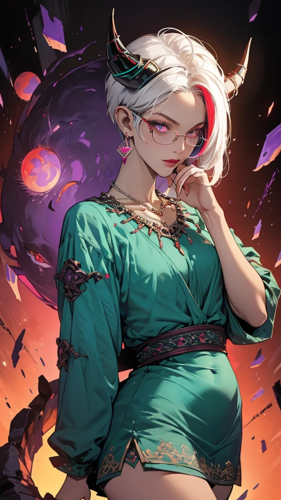 8k, masterpiece, best quality, highly detailed, 1 girl, tiefling, warlock, pixie cut, multicolored hair, very short straight hair red highlight hair on white hair, strippled hair, wearing glasses, round glasses, earrings, navel piercing, red eyeshadow, long eyelashes, blushed cheek, red lips, pearl necklace, rings, collarbone, mole on face, glamorous, teal and purple clothes, miniskirt, smirk, close up view, rings, looking at viewer, demon horns, solo, void, blood red moon, standing, chains on the background.