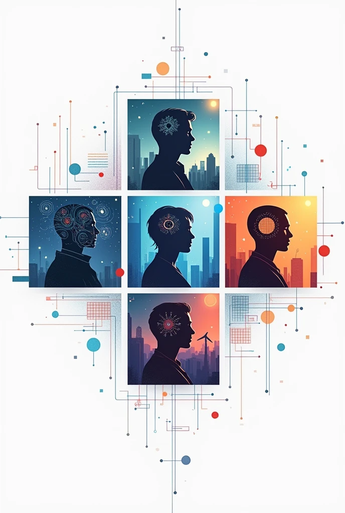 Generate an image that is a collage of the 5 data analysis techniques. The first technique is DATA VISUALIZATION, The second is SPLIT TESTING, The third is TIME SERIES ANALYSIS. the fourth ANALYSIS OF FEELINGS AND TEXT, and the fifth LEARNING OF ASSOCIATION RULES. The collage would actually be a figure composed of 4 figures, Technically they form a cross, 3 verticals, 3 horizontal but there are no 6 because they intersect in the center figure Consider that the topic I want to make this cover is "Big data and data analysis", and aedms that I want the 5 figures demarcated by squares
