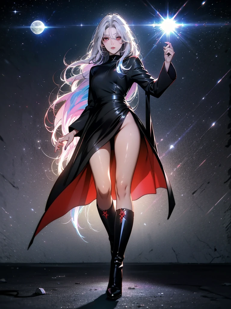 Girl with long white hair down to her waist, with small red details, red eyes, long black dress with a leg slit, with red details, long black boots up to below the knees, white skin, the ground around her is cracking and small stones are floating around her surrounded by a black aura, she is surrounded by shadows, and the background is dark like the night with the universe and stars, her presence causes fear, her shadow appears to be a monster, 8k, high quality, full body, (ultra-realistic), {extremely detailed 8k CG unit wallpaper}, expansive landscape photograph, (light: 2.0), (warm light source: 1.5), complex details, (iridescent colors: 1.5), (bright lighting), (atmospheric lighting), surreal, impressive, fantasy, (Solo: 1.2), White moon