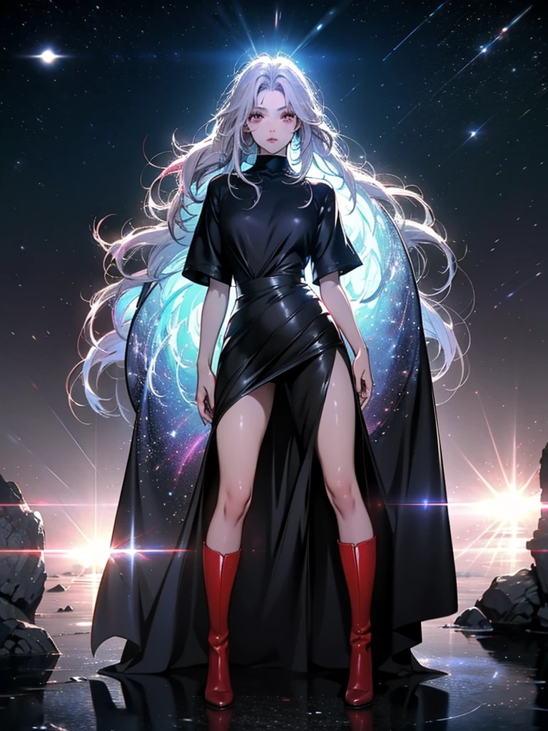 Girl with long white hair down to her waist, with small red details, red eyes, long black dress with a leg slit, with red details, long black boots up to below the knees, white skin, the ground around her is cracking and small stones are floating around her surrounded by a black aura, she is surrounded by shadows, and the background is dark like the night with the universe and stars, her presence causes fear, her shadow appears to be a monster, 8k, high quality, full body, (ultra-realistic), {extremely detailed 8k CG unit wallpaper}, expansive landscape photograph, (light: 2.0), (warm light source: 1.5), complex details, (iridescent colors: 1.5), (bright lighting), (atmospheric lighting), surreal, impressive, fantasy, (Solo: 1.2), White moon