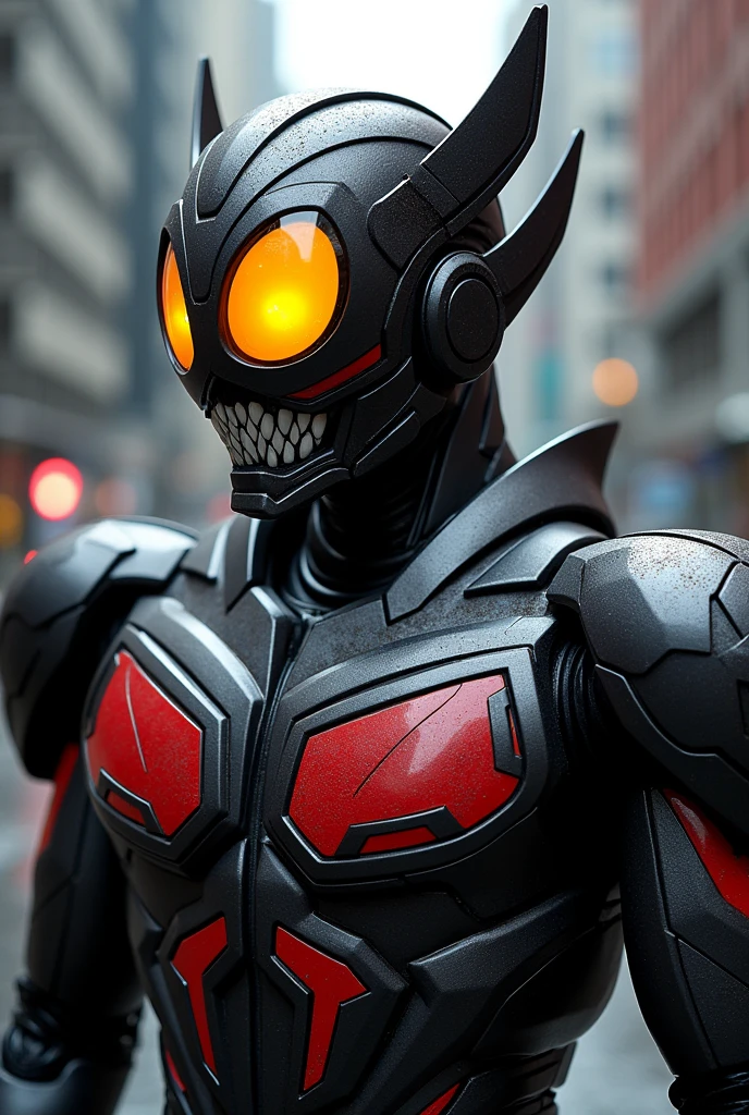 Kamen Rider Faiz 555 Transforms with a cell phone Black body with red lines Silver on chest and other parts Yellow eyes Overall body armor is rounded The Greek letter Φ is used as a motif The face is also round overall Mouth has jagged fangs