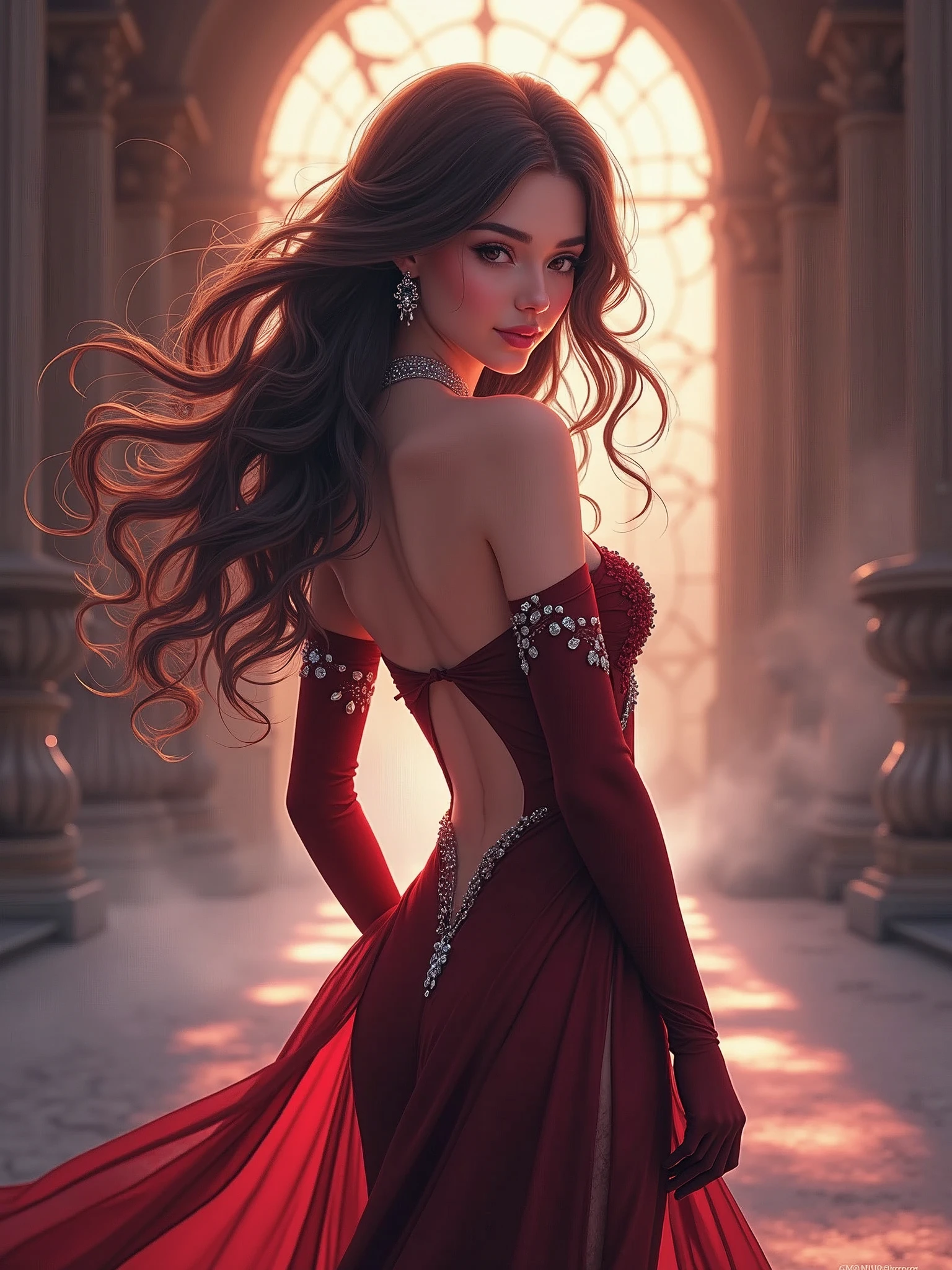 a beautiful young lady, wearing a long evening tight gown with a slit, long hand glove, beautiful hair, front pictures, 8k, highest quality, long hair, anime vision, fantasy, curve body, sparkling jewelry,