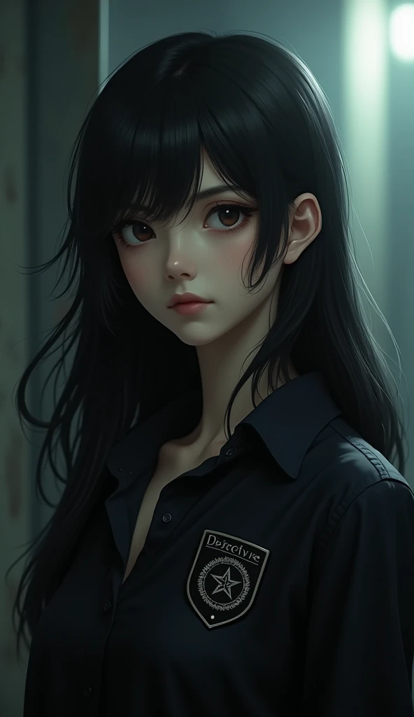 A girl wearing a black shirt with a wavy and long black hair and wearing a detective member sign