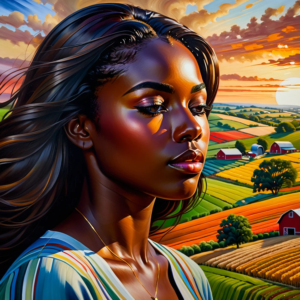 a woman with slanted eyes, closed face, dark skin, straight hair, in the background the landscape of a farm,, detailed portrayal, realisitic, photorealisitic, hyper detailled, oil painting, swirly vibrant colors, warm lighting, complex brush strokes, expressive facial features, graceful pose, Studio environment, work of art, best qualityer, 8k, ultra detali