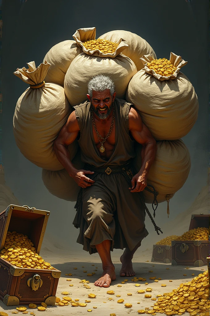 Here is the image representing a man struggling under the burden of wealth.