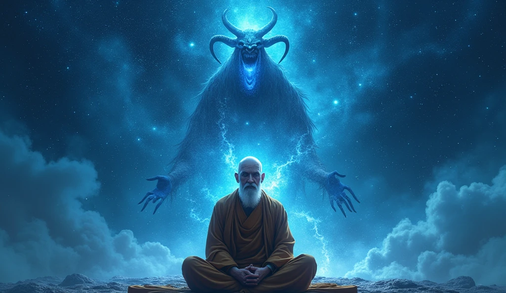 Middle-aged Bonze Elder faces demon in blue galaxy closeup, no hair, A meditator, Has a white beard, Meditation crosses legs, Buddhism, Wearing brown shirt, in the center, Facing the lens, Starry sky space, Milky Way, monk, Buddhism, Universe Background,Very Bright Color, Light Grain, With Glowing Light, Mshiv, Art Wallpaper, UHD Wallpaper ...