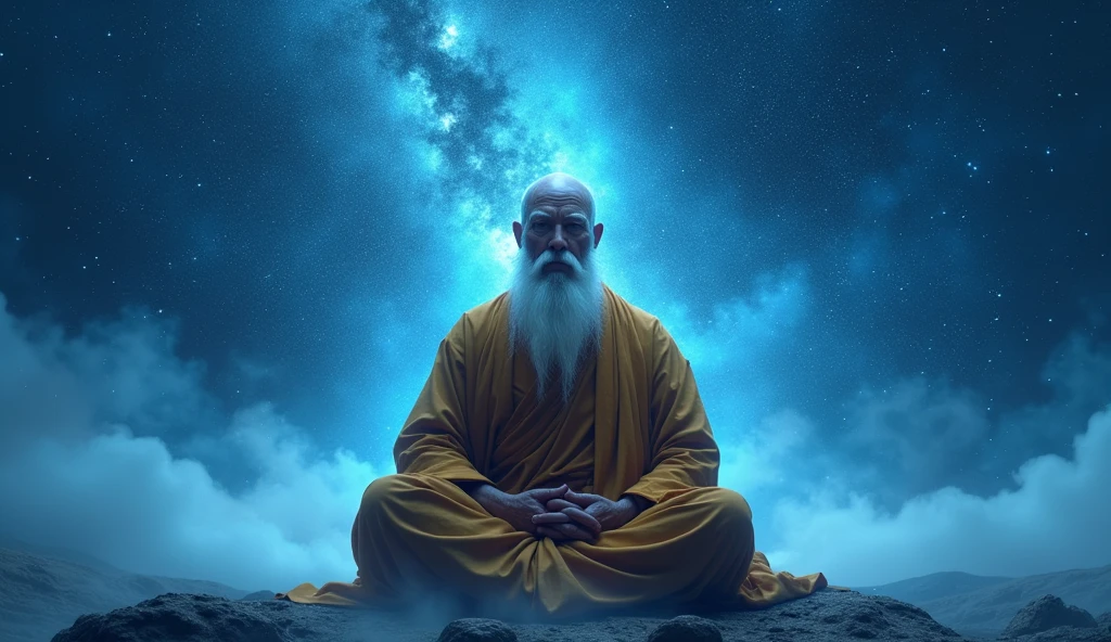 Middle-aged Bonze Elder faces demon in blue galaxy closeup, no hair, A meditator, Has a white beard, Meditation crosses legs, Buddhism, Wearing brown shirt, in the center, Facing the lens, Starry sky space, Milky Way, monk, Buddhism, Universe Background,Very Bright Color, Light Grain, With Glowing Light, Mshiv, Art Wallpaper, UHD Wallpaper ...