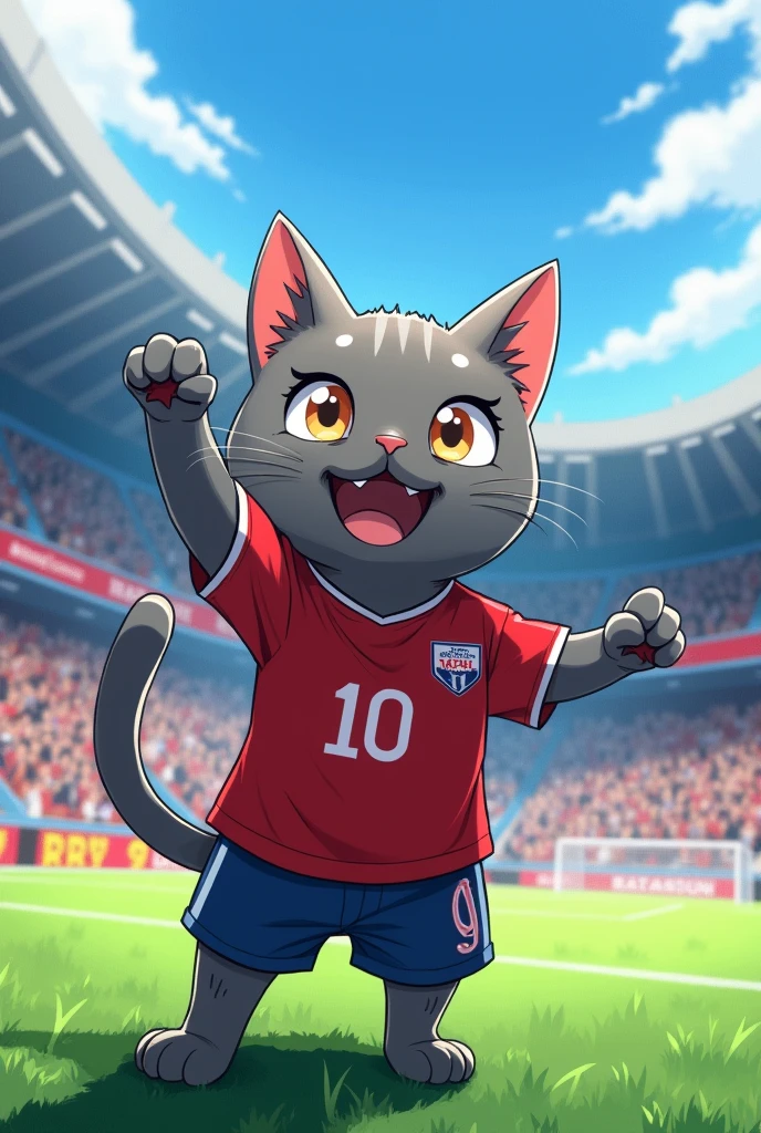 Anime of a gray soccer cat waving to the stands