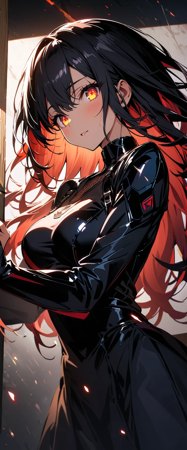 Red haired girl with cat ears, big body, with a black leather suit attached to the body, showing the nipples and vagina with a dominant air