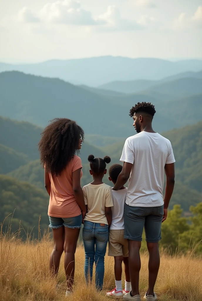 Family photo overlooking a beautiful landscape.  
I am the mother of two children, one and one, I am 40 years old.. I&#39;m BLACK with curly hair, Tenho 1.70 tall and weight 80kg. My oldest daughter is BLACK, has Black Power hair, is 22 years old. 1,59 tall and 40kg. My youngest son has , BLACK man with short curly hair 1,72 tall and weighs 64kg. My oldest daughter&#39;s boyfriend is 22 years old, WHITE and 1,72 tall and weighs 63kg.