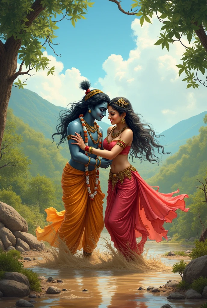 Krishna ji and radha ji playing in mud