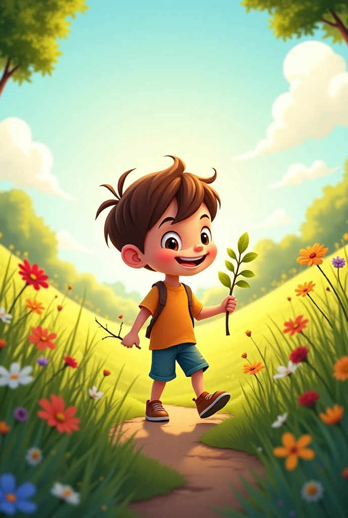 Cartoon image of a half-body image of a single boy, holding a branch, walking in the middle of a meadow.
