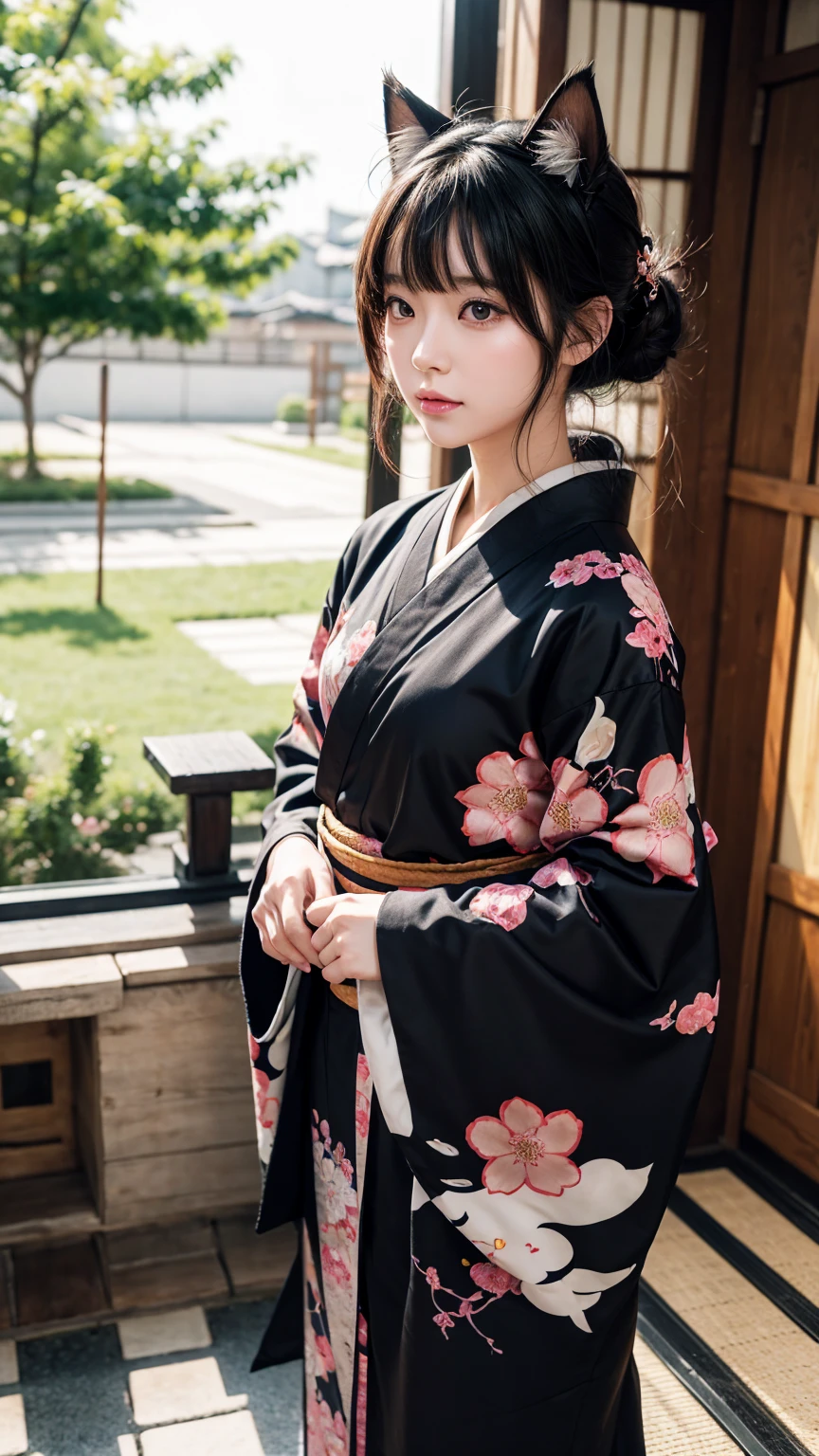 Anime cat ear girl wearing a kimono with cat ears, Shoulder to look, Yang Jie's Animation, Pixiv competition winner, Serial art, 数字Anime Illustrations, River stones, Anime style illustrations, Anime style 4k, Beautiful anime portrait, Anime style portrait, anime style artwork, Guweiz style artwork, Anime Illustrations, Digital Animation Art, Detailed Digital Animation Art, Beautiful starry sky, ((Beautiful night view))