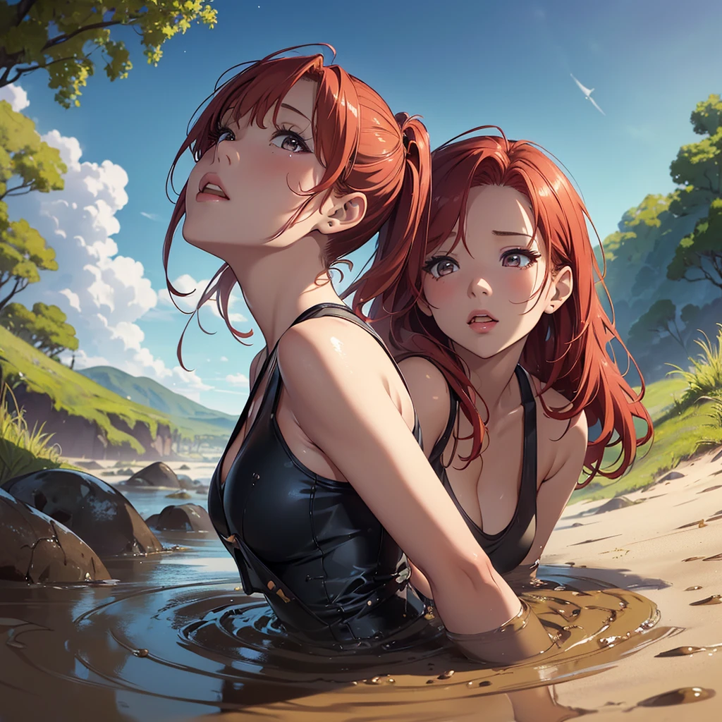 1girl, solo, masterpiece, best quality, high res, highly detailed, (illustration), beautiful detailed eyes, yuigahama yui, red hair ponytail, glossy lips, light makeup, orgasm, (looking up to the sky:1.5), intimate moment, sleeveless top, cleavage, (quicksand:1.4), (from side:1.4), bog, swampy, grassy, eyes shut, gasping