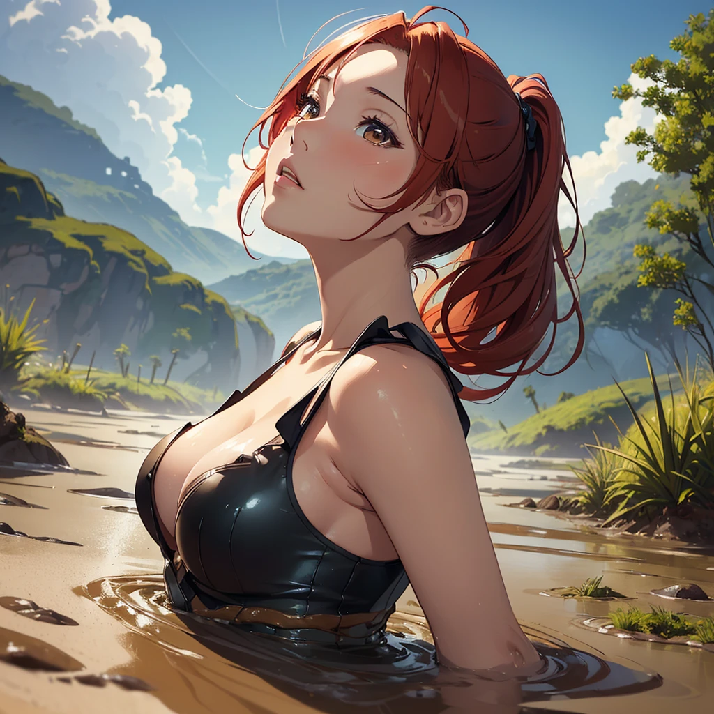 Chloanne,green eyes,bangs,high ponytail,
black dress,cleavage,
torn clothes, 
upper body,
sitting on rock,dusk,plains,sea,
(insanely detailed, masterpiece, best quality),
solo,<lora:Chloanne:0.8>,