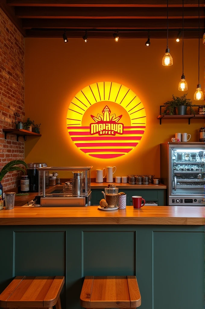 Create a coffee shop with a logo of the Argentine flag's sun with a croissant inside and the name Medialuna Café, and have burnt yellow as the main color